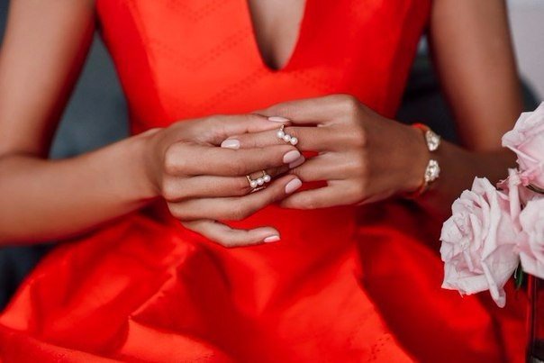 Red Dress and pearl rings on FabFashionBlog.com