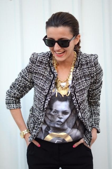 Chanel Jacket with golden jewelry and printed top on FabFashionBlog.com