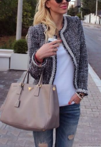 Chanel Jacket with jeans and white top on FabFashionBlog.com