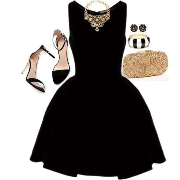 Little black dress with golden clutch and black heels on FabFashionBlog.com