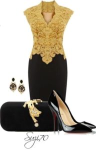 Golden lace top style with black skirt and Louboutin stillettoes outfit