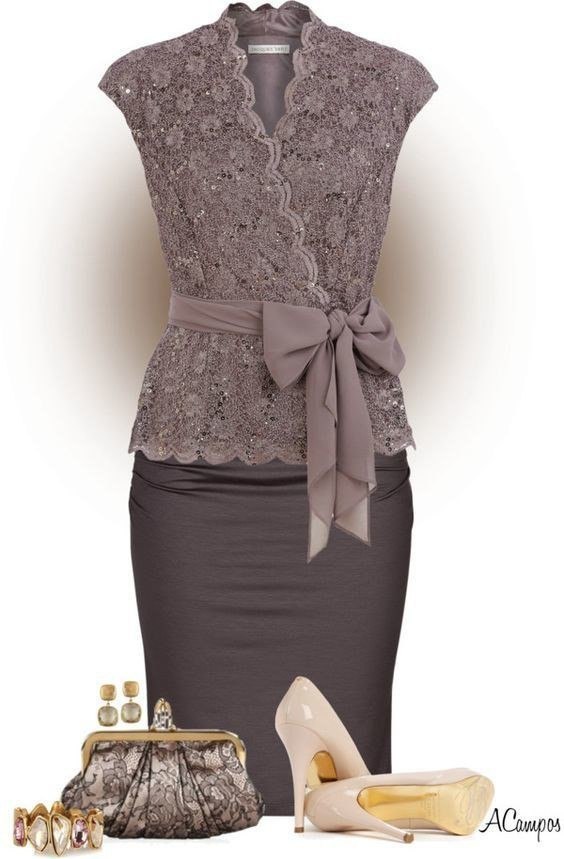 Grey lace top style outfit with grey skirt