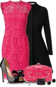 Style lace pink dress with black coat, pink purse and black outfit Valentino Pumps
