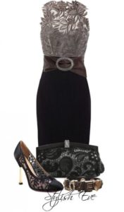 Chaircoal lace top style outfit with black skirt and lace purse and shoes