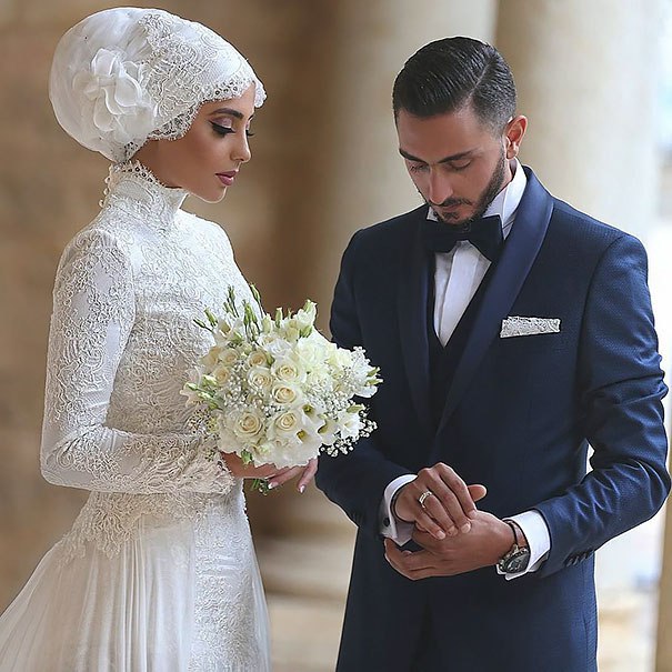 Wedding photo in white gown and hijab on FabFashionBlog.com
