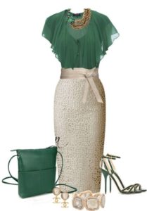 Green blouse and white pencil skirt outfit