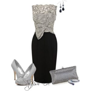 Grey lacy top and black pencil skirt outfit