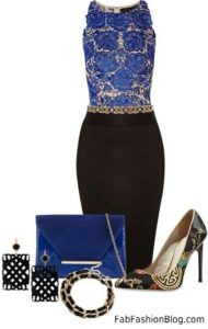 Blue lace top and black pencil skirt outfit