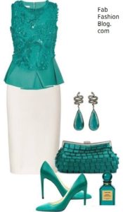 Turquoise top and white pencil skirt formal outfit
