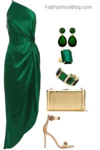 Classy emerald green outfit with golden heels and bag