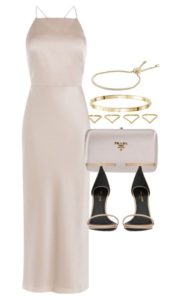 Nude long formal dress outfit with nude heels and bag for event