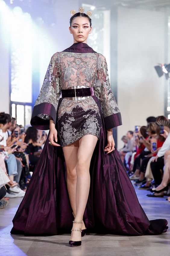 Grey- Burgundy Short gown with plume Elie Saab Haute Couture outfit from the fall-winter 2019 2020