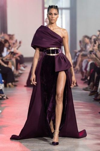 Burgundy asymmetrical gown with plume and black belt Elie Saab Haute Couture outfit from the fall-winter 2019 2020