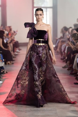 Black- Burgundy asymmetrical gown with a plume and black belt Elie Saab Haute Couture outfit from the fall-winter 2019 2020