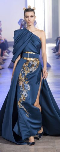 Blue asymmetrical gown with golden embroidery and blue belt Elie Saab Haute Couture outfit from the fall-winter 2019 2020