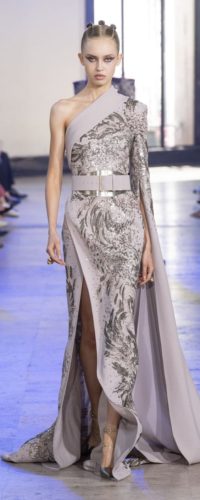 Nude asymmetrical gown with a nude belt Elie Saab Haute Couture outfit from the fall-winter 2019 2020