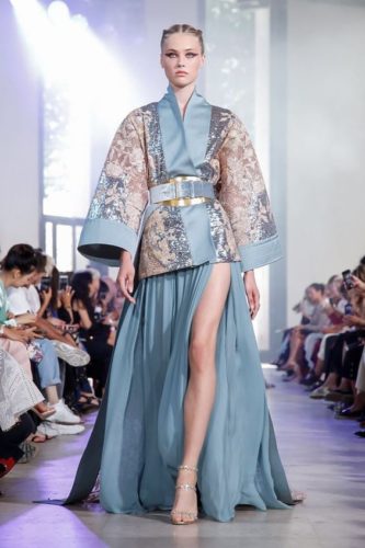 Sky Blue gown with golden embroidered coat and blue belt Elie Saab Haute Couture outfit from the fall-winter 2019 2020