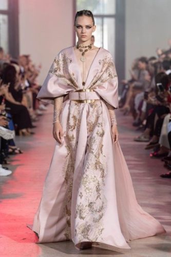 Nude gown with a plume and nude belt Elie Saab Haute Couture outfit from the fall-winter 2019 2020