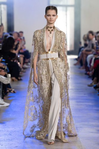 Nude gown with a coat and nude belt Elie Saab Haute Couture outfit from the fall-winter 2019 2020