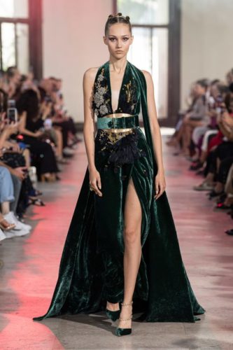 Dark emerald gown with a black belt Elie Saab Haute Couture outfit from the fall-winter 2019 2020