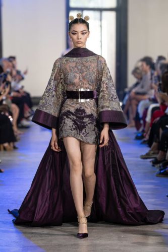 Grey- Burgundy Short gown with plume and black belt Elie Saab Haute Couture outfit from the fall-winter 2019 2020