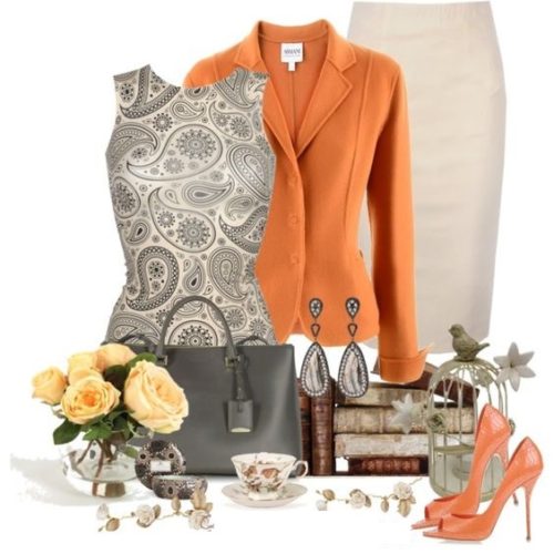 Grey skirt and orange jacket Outfit on FabFashionBlog