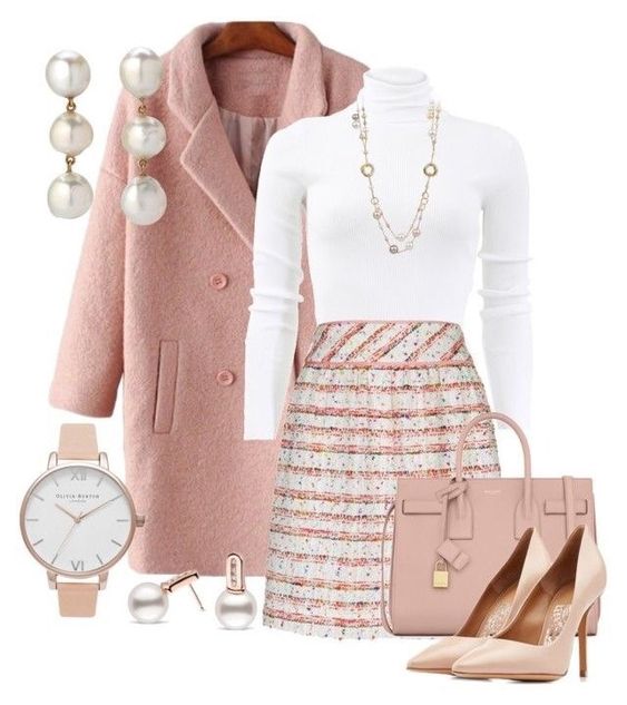 Rose coat and plaid skirt smart casual fashion outfits for winter
