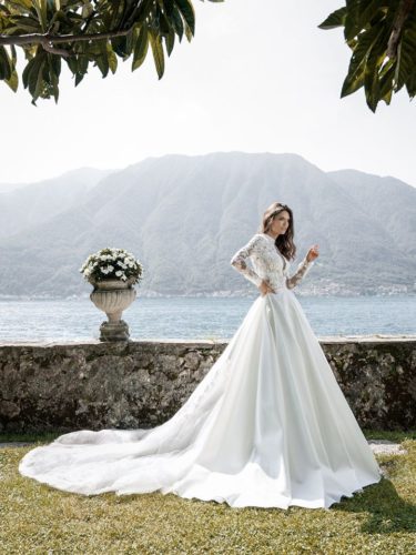 White long sleeves trumpet wedding gown with plume Alessandro Angelozzi Couture Bridal 2020 Collection