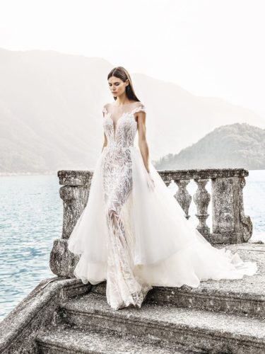 White lace off shoulder wedding dress with plume Alessandro Angelozzi Couture Bridal 2020 Collection