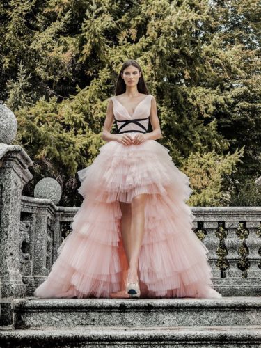 Rose wedding dress with layered skirt and plume Alessandro Angelozzi Couture Bridal 2020 Collection
