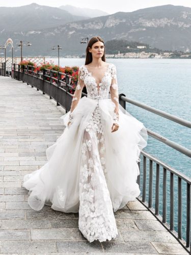 White long sleeve dress with 3d flowers and plume Alessandro Angelozzi Couture Bridal 2020 Collection