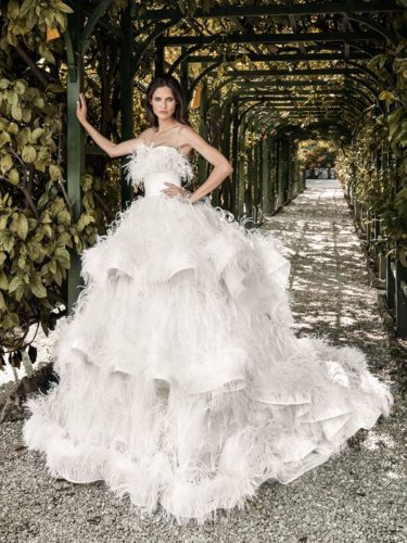White off shoulder feathered wedding gown with layered trumpet skirt Alessandro Angelozzi Couture Bridal 2020 Collection