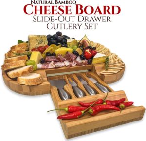 Bamboo Cheese Board with Drawer & 4 Stainless Steel Cheese Knives Luxury Set