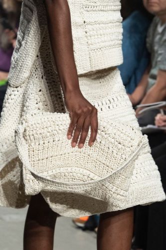 White treble crochet suit with a crochet bag Christian Wijnants Spring 2020 Fashion Show