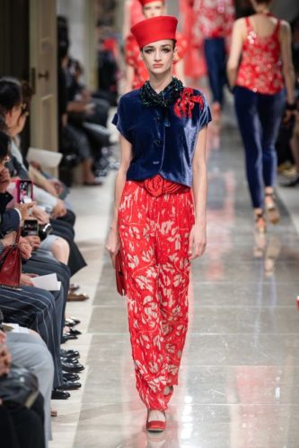 Coral floral pants and deep blue velvet top from Giorgio Armani Resort 2020 Collection