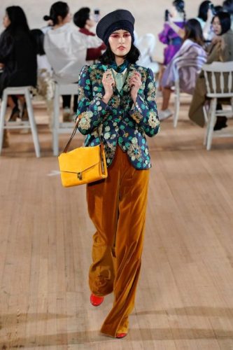 Orange wide pants and turquoise jacket from Marc Jacobs Spring 2020 Fashion Show