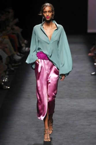 Lilac atlas wide pants and turquoise chiffon blouse from Marcos Luengo Madrid Spring-Summer 2020