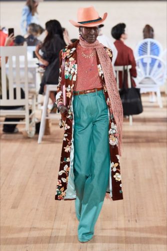 Turquoise wide pants and long floral coat from Mark Jacobs spring 2020