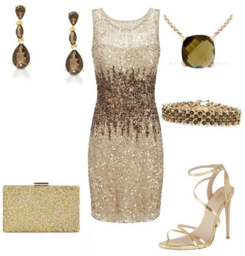 Beige metallic short dress outfit with chocolate and golden accents