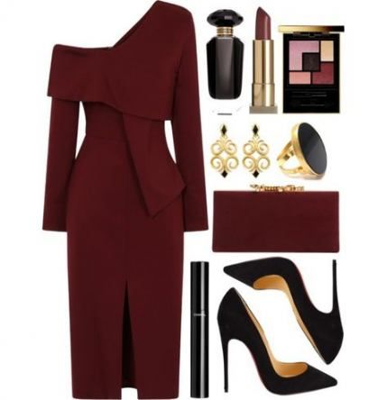 Burgundy asymmetric dress outfit with long sleeves