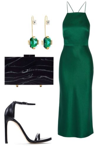 Emerald green satin long dress with black accessories