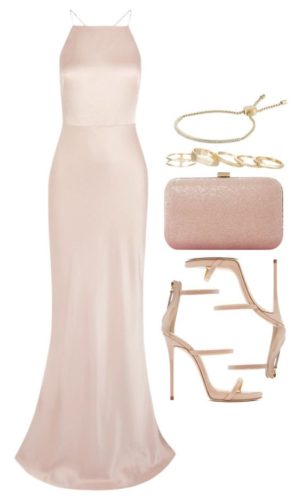 Pile rose satin long dress outfit with golden jewelry