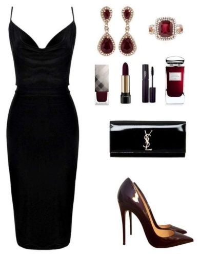 Black pencil skirt dress outfit with dark red heels