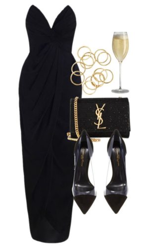 Black long dress outfit with golden accents