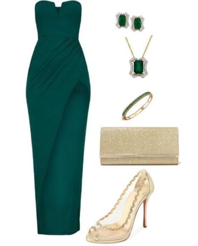 Emerald green outfit with emerald jewelry and nude heels