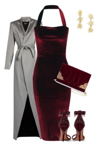 Ruby velvet dress outfit with a metallic coat