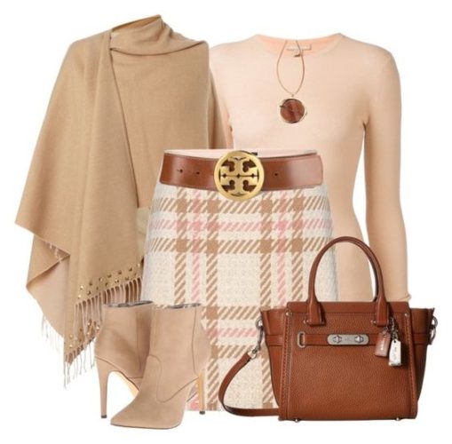 Classy plaid skirt and beige poncho Outfit on FasbFashionBlog