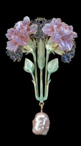 Rene Lalique pearl enamel brooch with carnation flowers