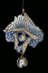Rene Lalique pearl, diamonds and enamel blue pedant
