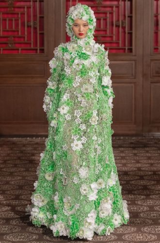 Grass green lace gown with white flowers gown Valentino Haute Couture Collection in Beijing